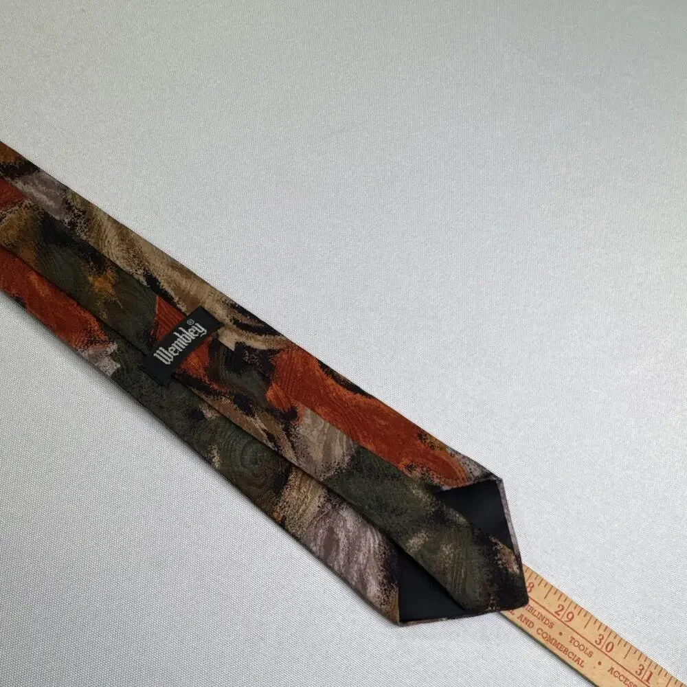 Wembley Men’s 100% Rayon Abstract Print Tie Rust Olive Brown Vintage